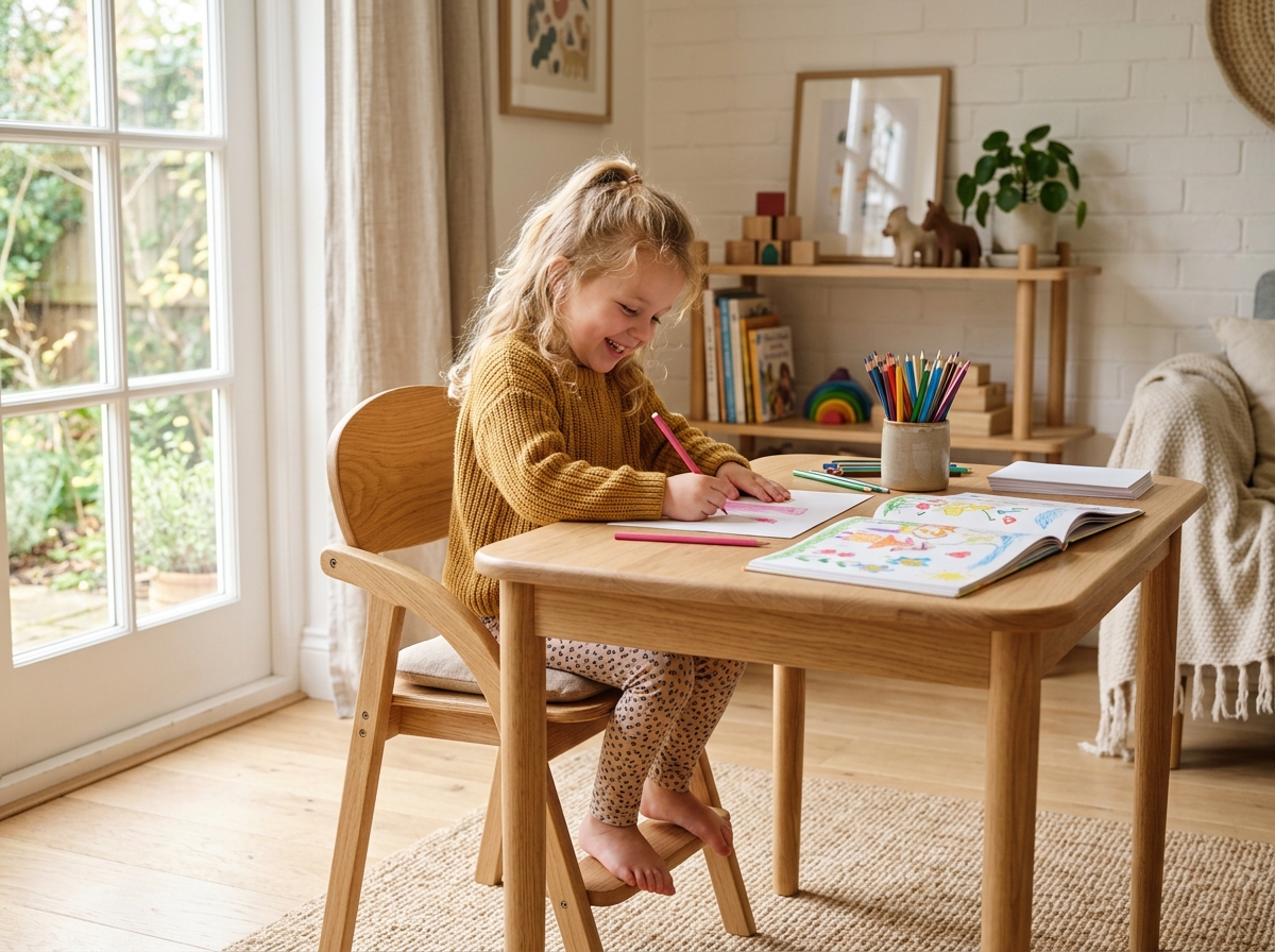 Child happily sitting at DailyDura ergonomic desk and chair